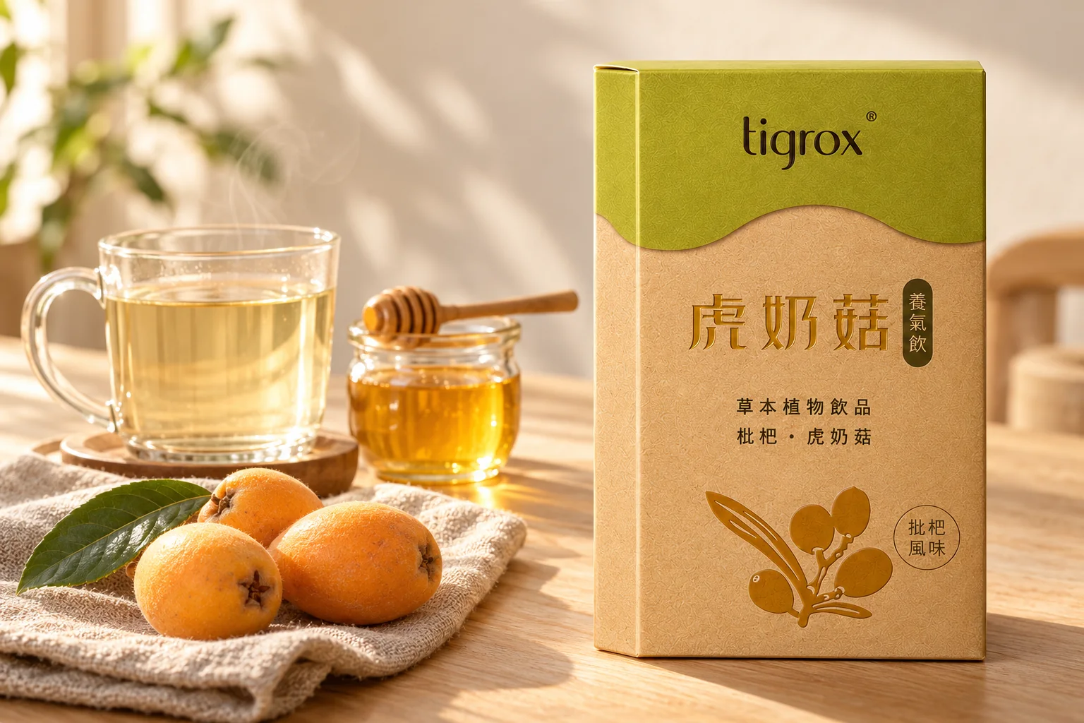 虎奶菇養氣飲盒裝與隨身包，旁邊是一杯溫熱開水、蜂蜜與枇杷