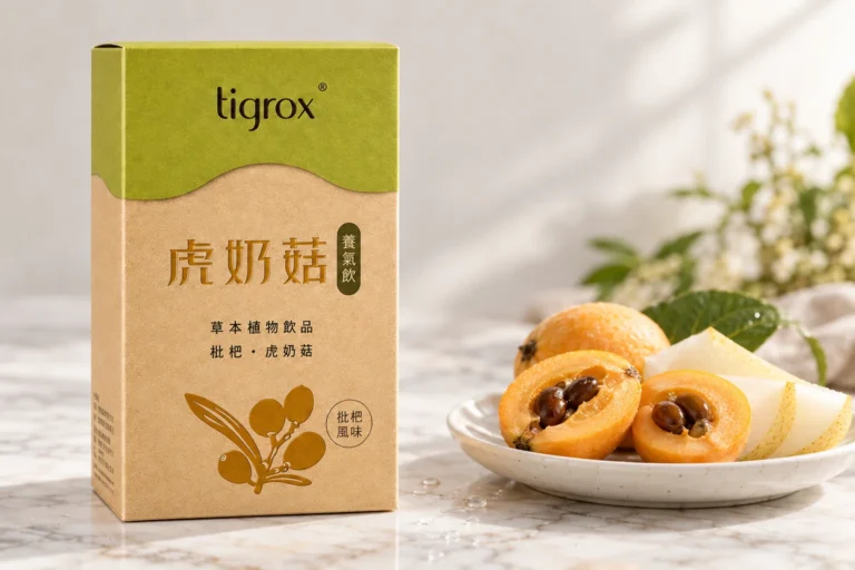 虎奶菇養氣飲盒裝，旁邊是剖半的枇杷與雪梨切片