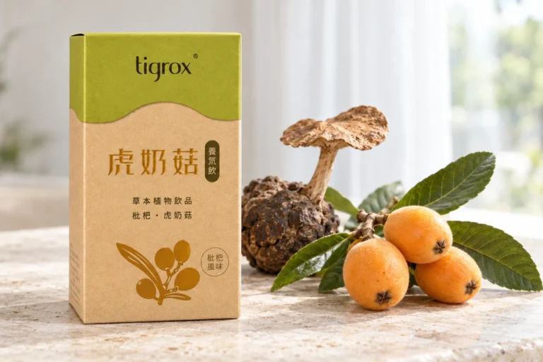 虎奶菇養氣飲盒裝放在淺色石板上,旁邊是枇杷枝與虎乳芝