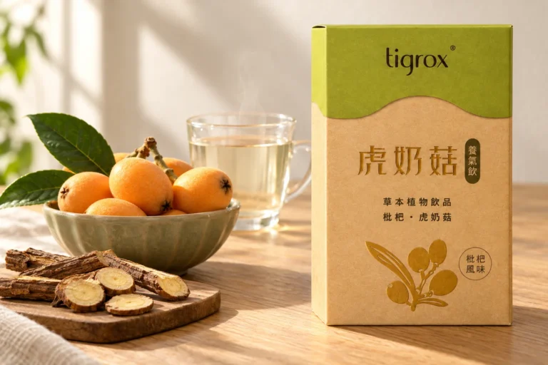 虎奶菇養氣飲盒裝,旁邊是一碗枇杷、甘草根片與一杯溫水