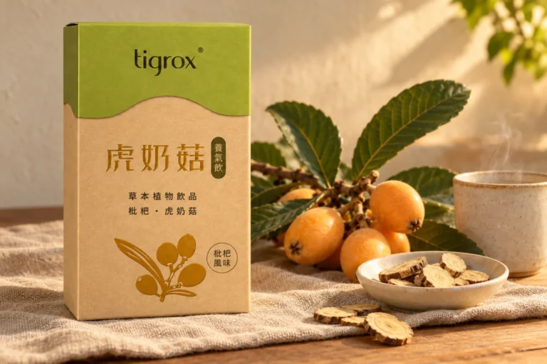 虎奶菇養氣飲盒裝立在亞麻布上,旁邊是枇杷枝、甘草片與一杯溫水