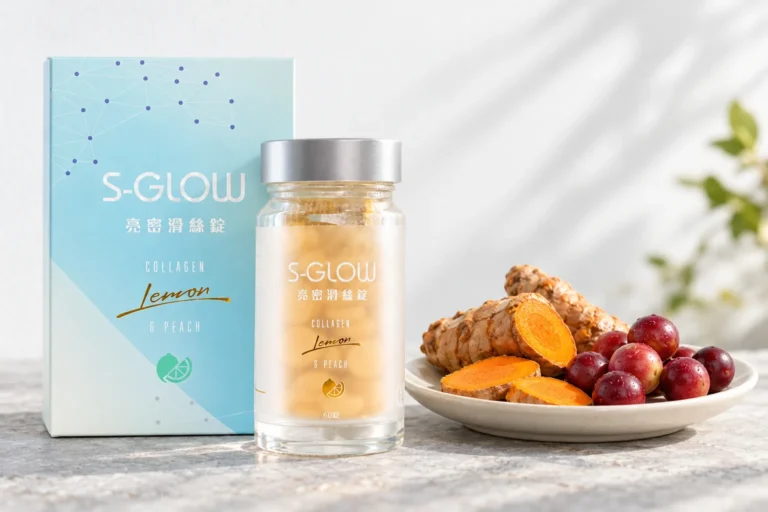 SGLOW 亮密滑絲錠盒裝與瓶裝,旁邊是薑黃與卡姆果