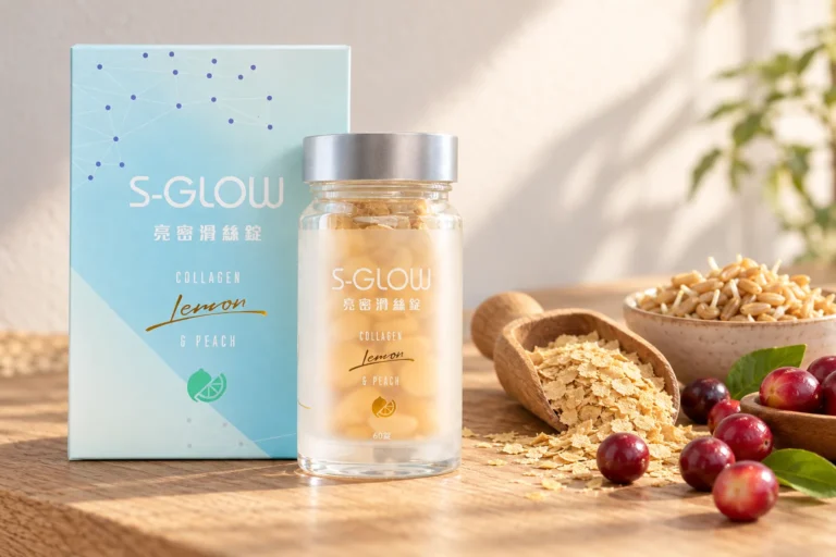SGLOW 亮密滑絲錠盒裝與瓶裝,旁邊是啤酒酵母片、卡姆果與米胚芽