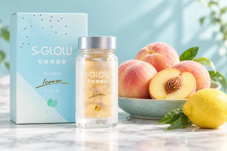 SGLOW 亮密滑絲錠盒裝與瓶裝,旁邊是一碗蜜桃與檸檬