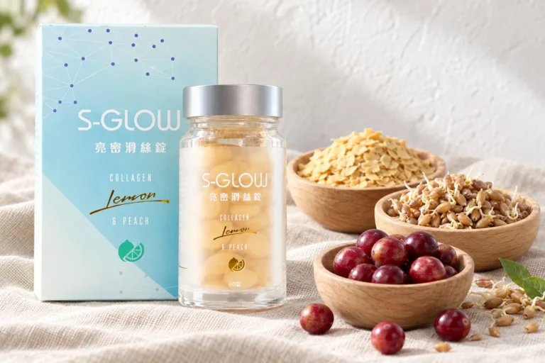 SGLOW 亮密滑絲錠盒裝與瓶裝，旁邊是三只木碗：啤酒酵母片、米胚芽與卡姆果