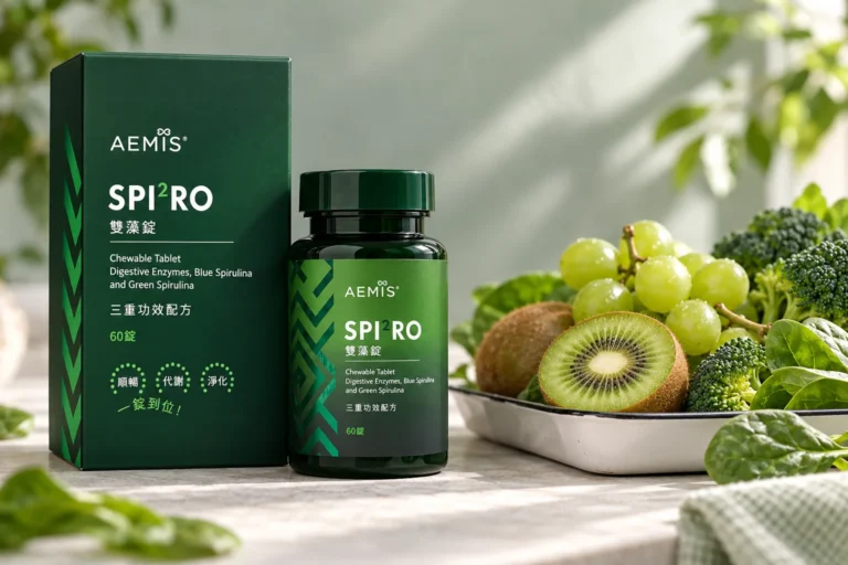 SPI²RO 雙藻錠盒裝與瓶裝，旁邊是一盤奇異果、綠葡萄與綠色蔬菜