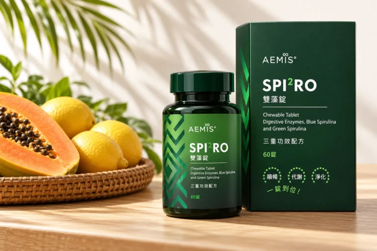 SPI²RO 雙藻錠盒裝與瓶裝，旁邊是藤盤上的木瓜與檸檬