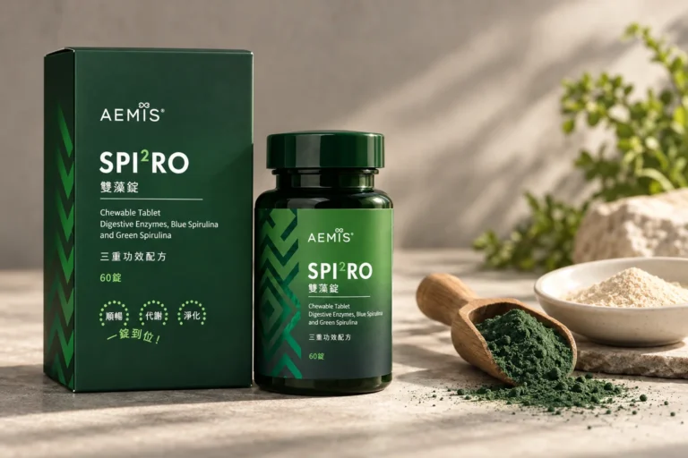 SPIRO 雙藻錠盒裝與瓶裝,旁邊是一匙綠螺旋藻粉與一碟纖維粉