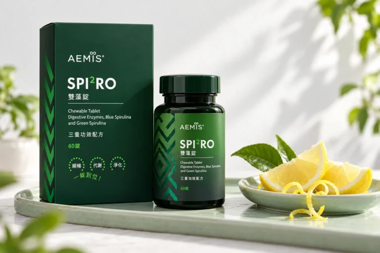 SPI²RO 雙藻錠盒裝與瓶裝，旁邊是一小盤檸檬角與檸檬皮絲