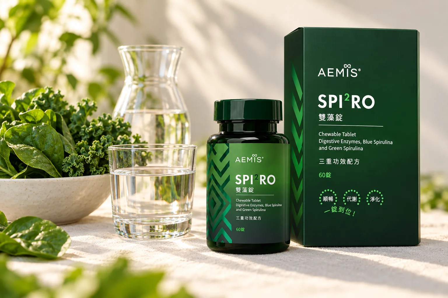 SPI²RO 雙藻錠盒裝與瓶裝，旁邊是一杯水與一碗新鮮綠葉蔬菜