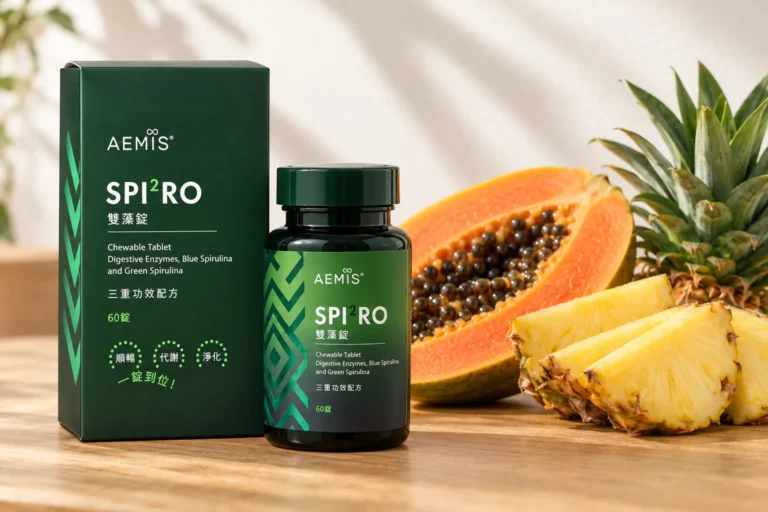 SPIRO 雙藻錠盒裝與瓶裝,旁邊是切半的木瓜與鳳梨片