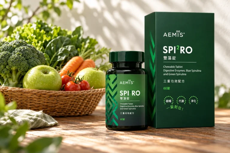 SPI²RO 雙藻錠盒裝與瓶裝,旁邊是一籃新鮮蔬果