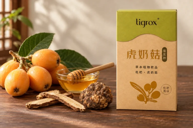 虎奶菇養氣飲盒裝，旁邊是枇杷、一小碗蜂蜜、甘草根與虎乳芝