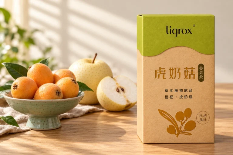 虎奶菇養氣飲盒裝,旁邊是一碗枇杷與剖半的雪梨
