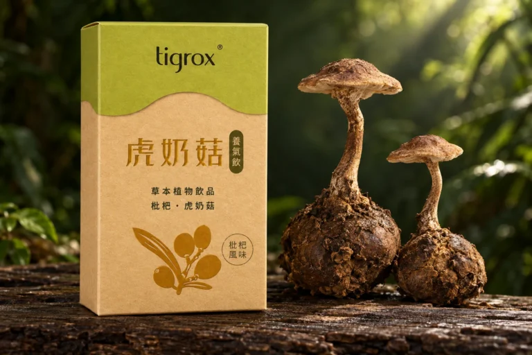虎奶菇養氣飲盒裝,旁邊是兩株完整的虎乳芝