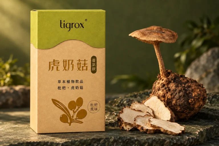 虎奶菇養氣飲盒裝,旁邊是一整株虎乳芝與菌核切片