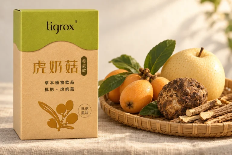 虎奶菇養氣飲盒裝,旁邊的藤編托盤上有雪梨、枇杷、虎奶菇與甘草根