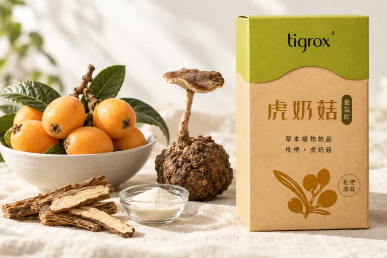 虎奶菇養氣飲盒裝，旁邊是一碗枇杷、甘草根、虎乳芝與菊粉