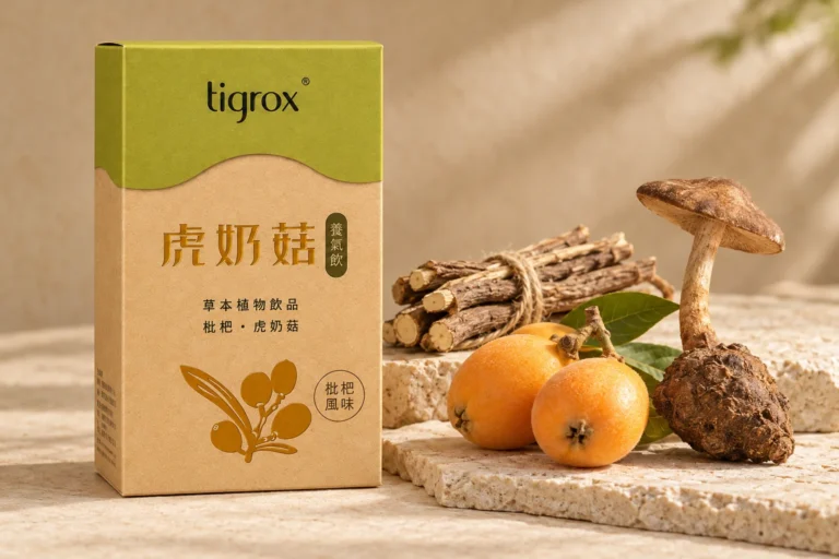 虎奶菇養氣飲盒裝放在米色石面上,旁邊是甘草根、枇杷與虎乳芝