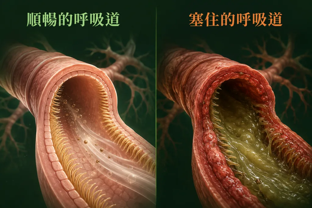 順暢的呼吸道與塞住的呼吸道 剖面對比