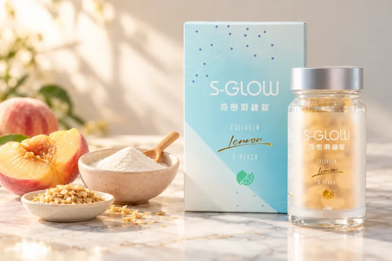 SGLOW 亮密滑絲錠盒裝與瓶裝,旁邊是膠原蛋白胜肽粉、米胚芽與切半蜜桃