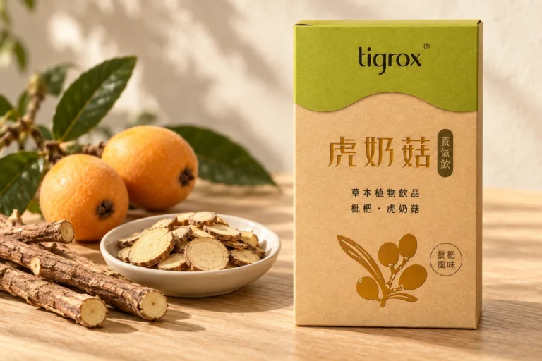 虎奶菇養氣飲盒裝,旁邊是甘草根切片、甘草根條與枇杷
