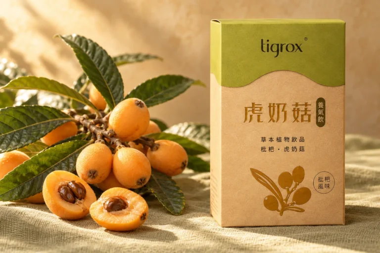 虎奶菇養氣飲盒裝，旁邊是一大枝枇杷與剖半的枇杷
