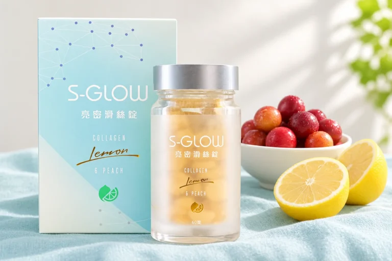SGLOW 亮密滑絲錠盒裝與瓶裝，旁邊是一碗卡姆果與切半檸檬