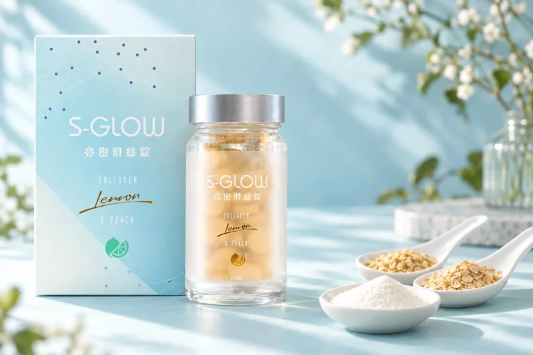 SGLOW 亮密滑絲錠盒裝與瓶裝，前方三支瓷匙盛著膠原蛋白胜肽粉、啤酒酵母片與米胚芽