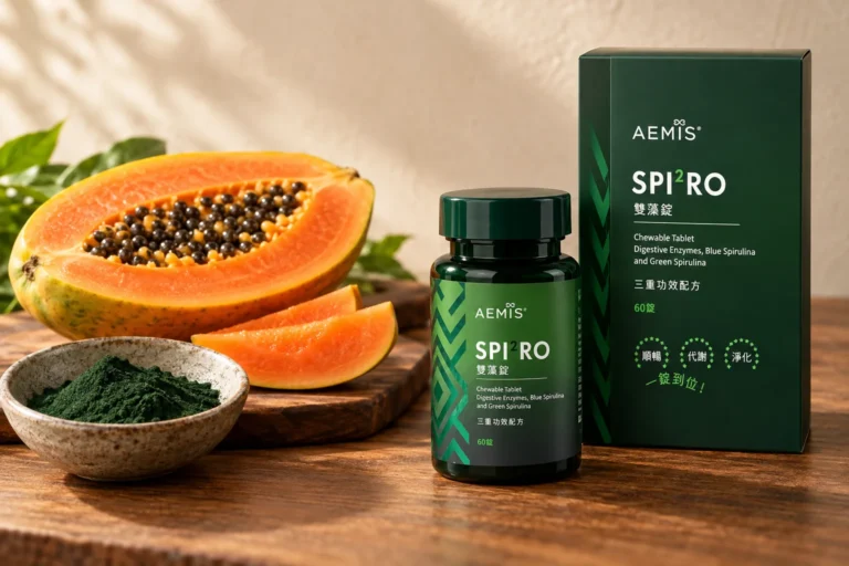SPIRO 雙藻錠盒裝與瓶裝,旁邊是切半的木瓜與綠螺旋藻粉