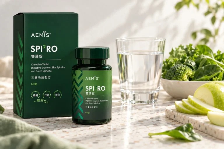 SPIRO 雙藻錠盒裝與瓶裝,旁邊是一杯清水與新鮮蔬果