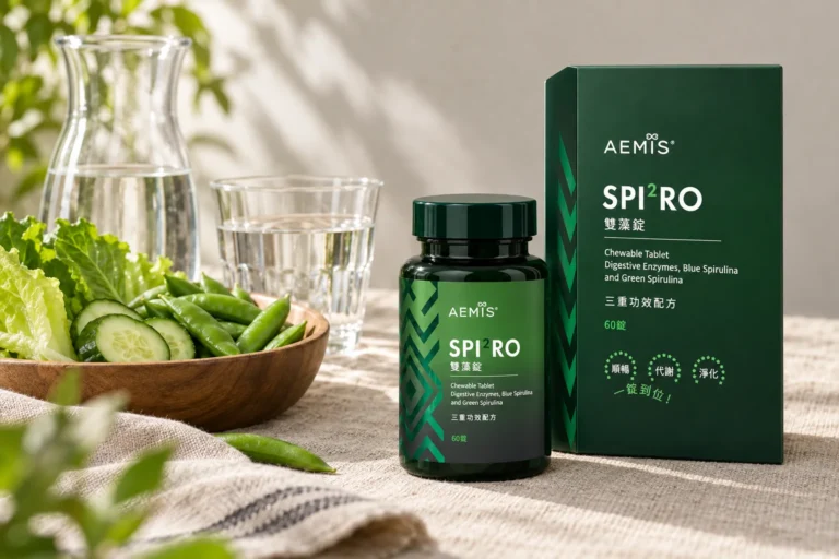 SPIRO 雙藻錠盒裝與瓶裝,旁邊是一壺清水與一碗新鮮蔬菜
