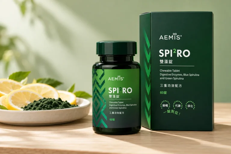 SPIRO 雙藻錠盒裝與瓶裝,旁邊是一盤檸檬片與綠螺旋藻粉