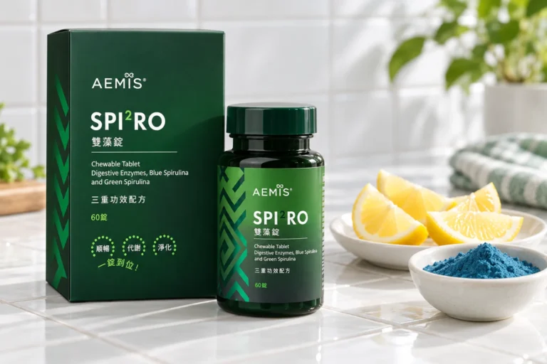 SPI²RO 雙藻錠盒裝與瓶裝,旁邊是檸檬角與一碗藍螺旋藻粉