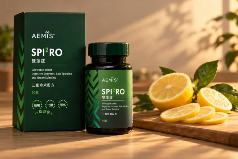 SPI²RO 雙藻錠盒裝與瓶裝放在木桌上,旁邊是檸檬與檸檬葉