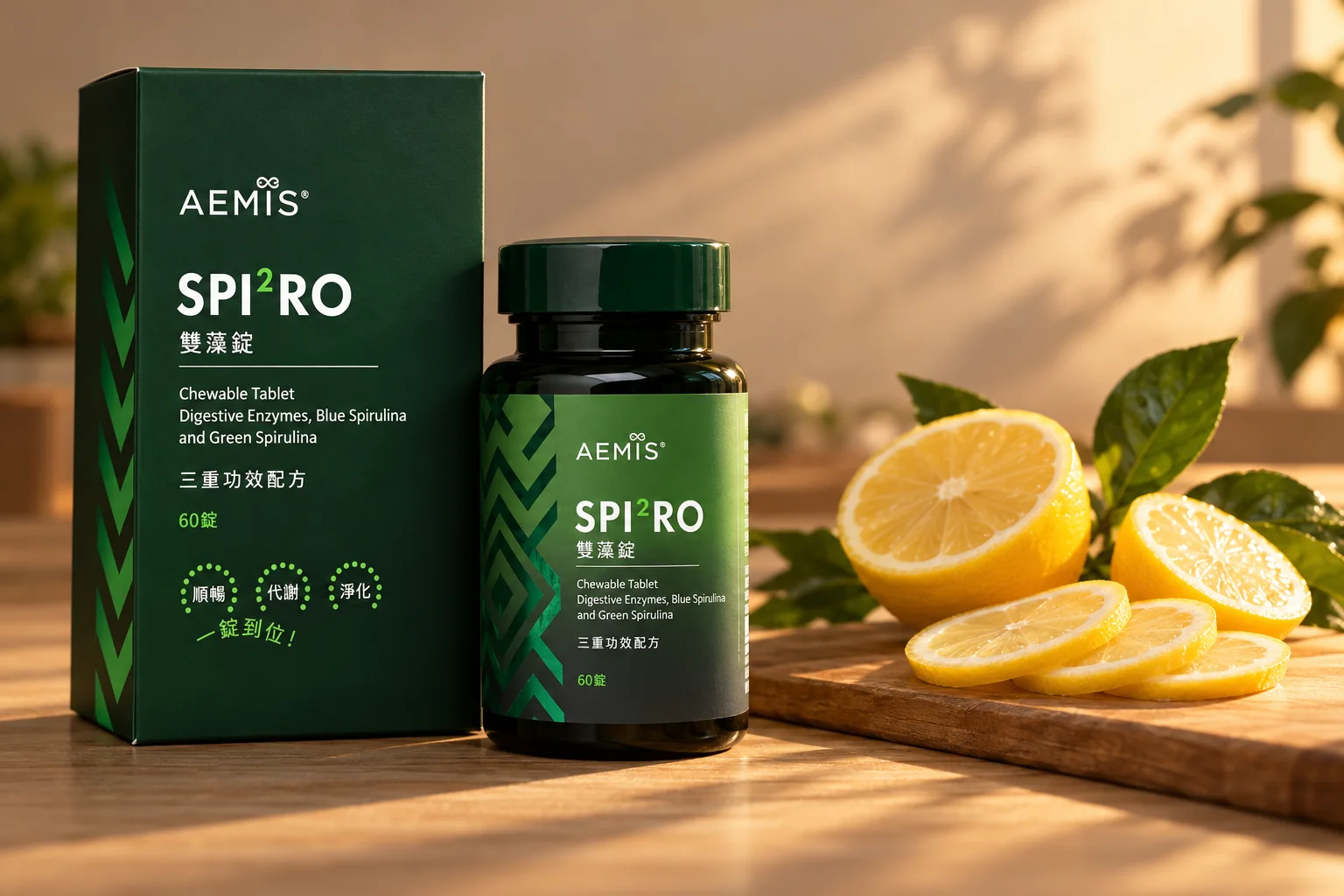 SPI²RO 雙藻錠盒裝與瓶裝放在木桌上,旁邊是檸檬與檸檬葉
