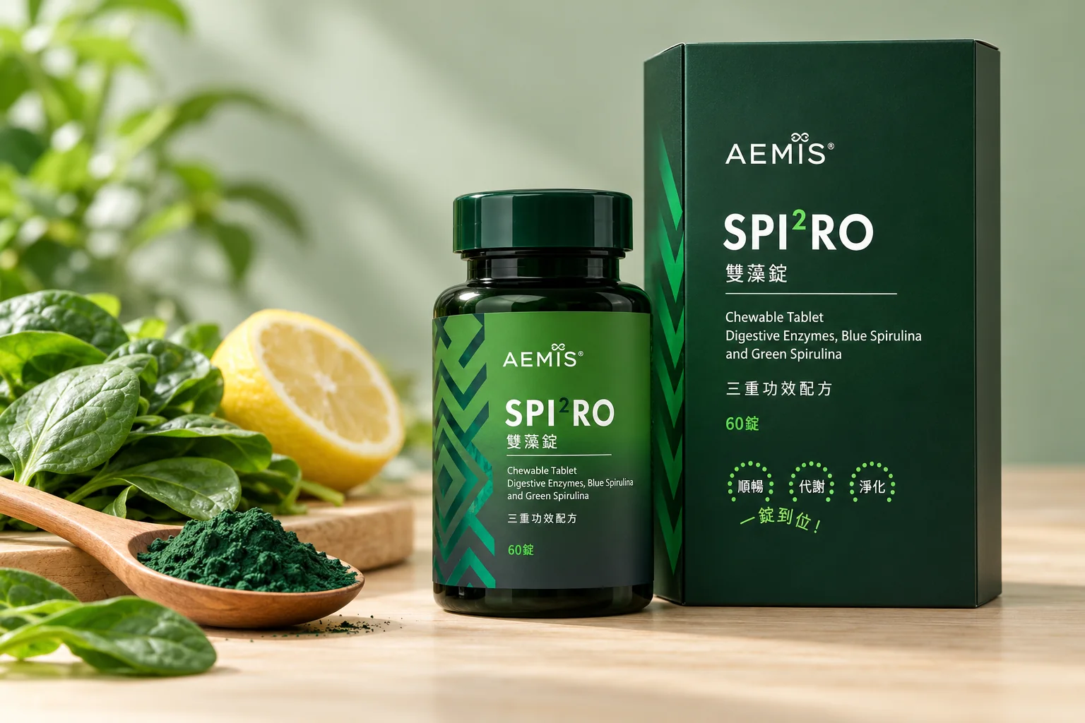 SPI²RO 雙藻錠盒裝與瓶裝，旁邊是菠菜葉、一匙綠螺旋藻粉與半顆檸檬