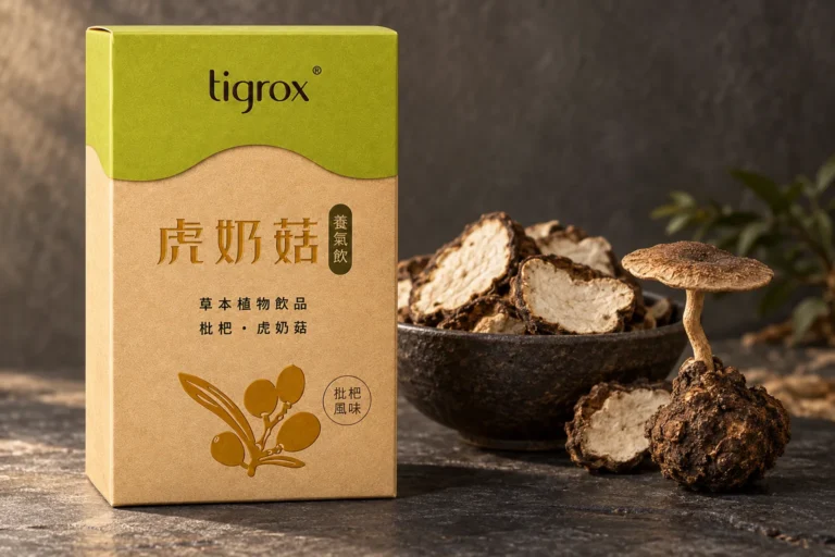 虎奶菇養氣飲盒裝，旁邊是一碗虎乳芝菌核切片與整株虎乳芝