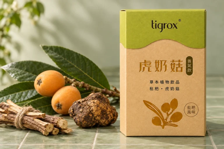 虎奶菇養氣飲盒裝,旁邊是甘草根、枇杷與虎乳芝菌核