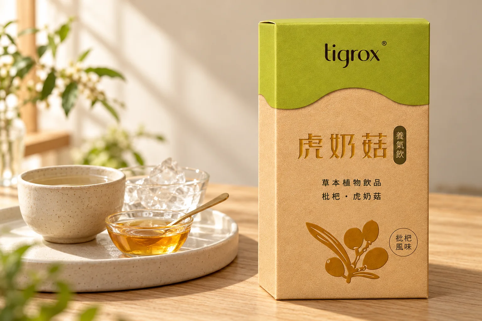 虎奶菇養氣飲盒裝，旁邊是溫熱開水、冰塊與一小碟蜂蜜