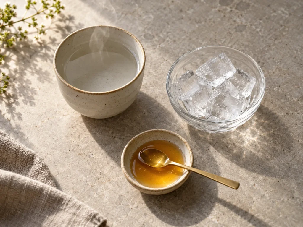 一杯溫熱開水、一碗冰塊與一小碟蜂蜜