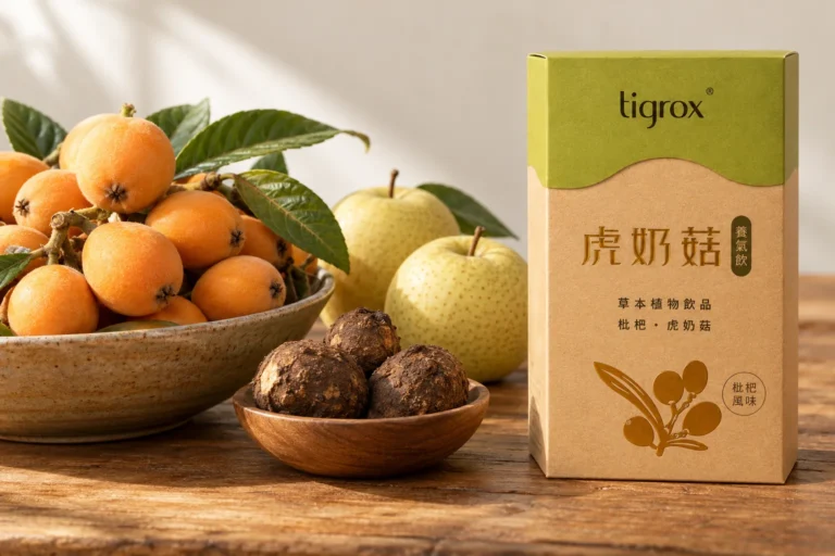 虎奶菇養氣飲盒裝，旁邊是一大盆枇杷、虎乳芝菌核與雪梨