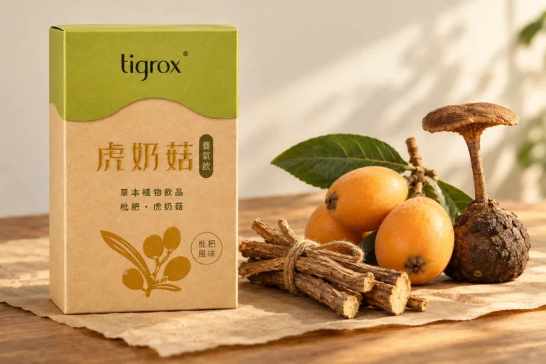 虎奶菇養氣飲盒裝,旁邊是一束甘草根、枇杷與虎乳芝