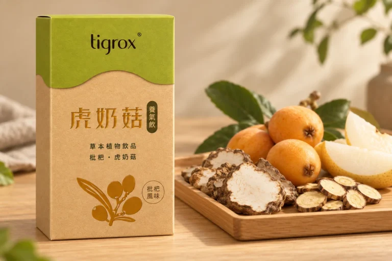 虎奶菇養氣飲盒裝,旁邊是木托盤上的虎乳芝菌核、甘草根、枇杷與雪梨