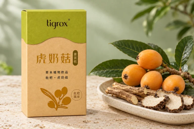 虎奶菇養氣飲盒裝,旁邊是枇杷枝、甘草根與虎乳芝菌核切片