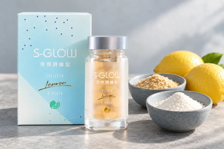 SGLOW 亮密滑絲錠盒裝與瓶裝,旁邊是啤酒酵母片、膠原蛋白胜肽粉與檸檬