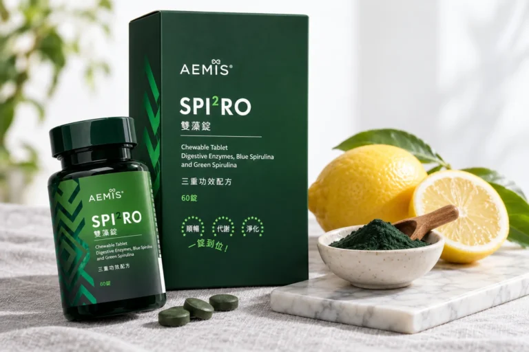 雙藻錠盒裝與瓶裝,旁邊是大理石板上的檸檬與一碗綠螺旋藻粉