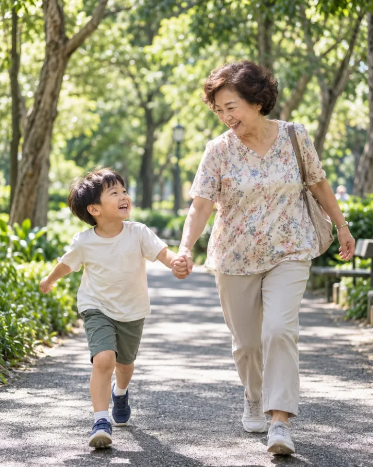 阿嬤牽著孫子在公園散步