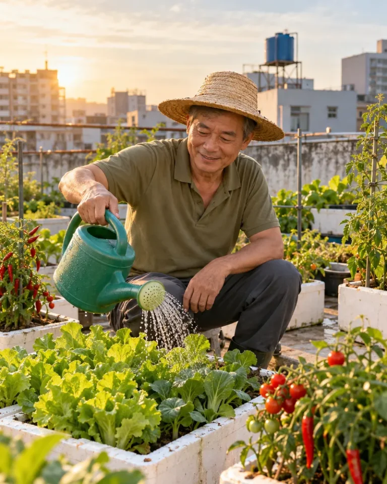熟齡男性在頂樓菜園蹲下澆水