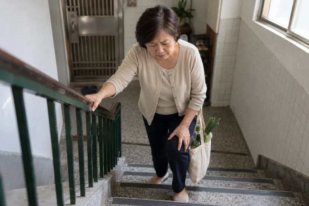 熟齡女性在公寓樓梯間停下來扶著膝蓋